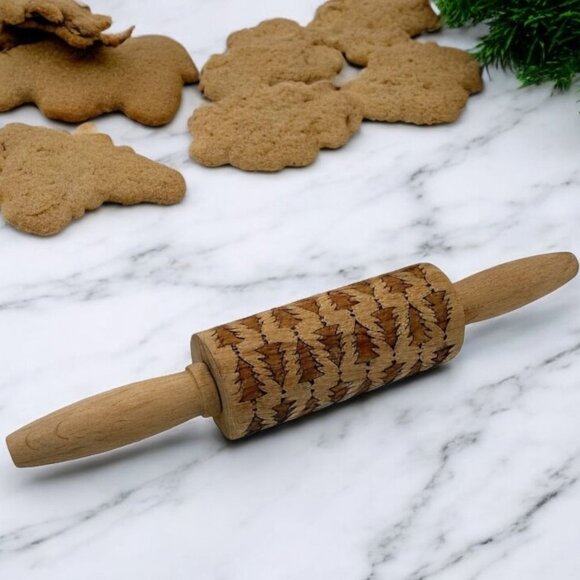 Mini Wood Christmas Tree embossing rolling pin for cookies - Picture 1 of 7